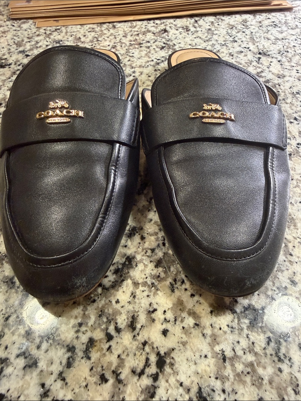 Coach Black Leather Slip-On Mule Loafers with Gold Logo - Picture 2 of 6